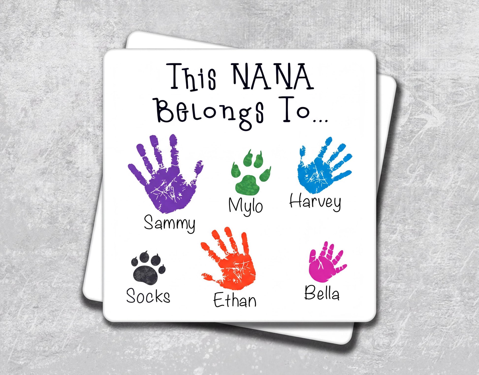The image is a personalized family tree with handprints and animal paw prints, each representing a family member.