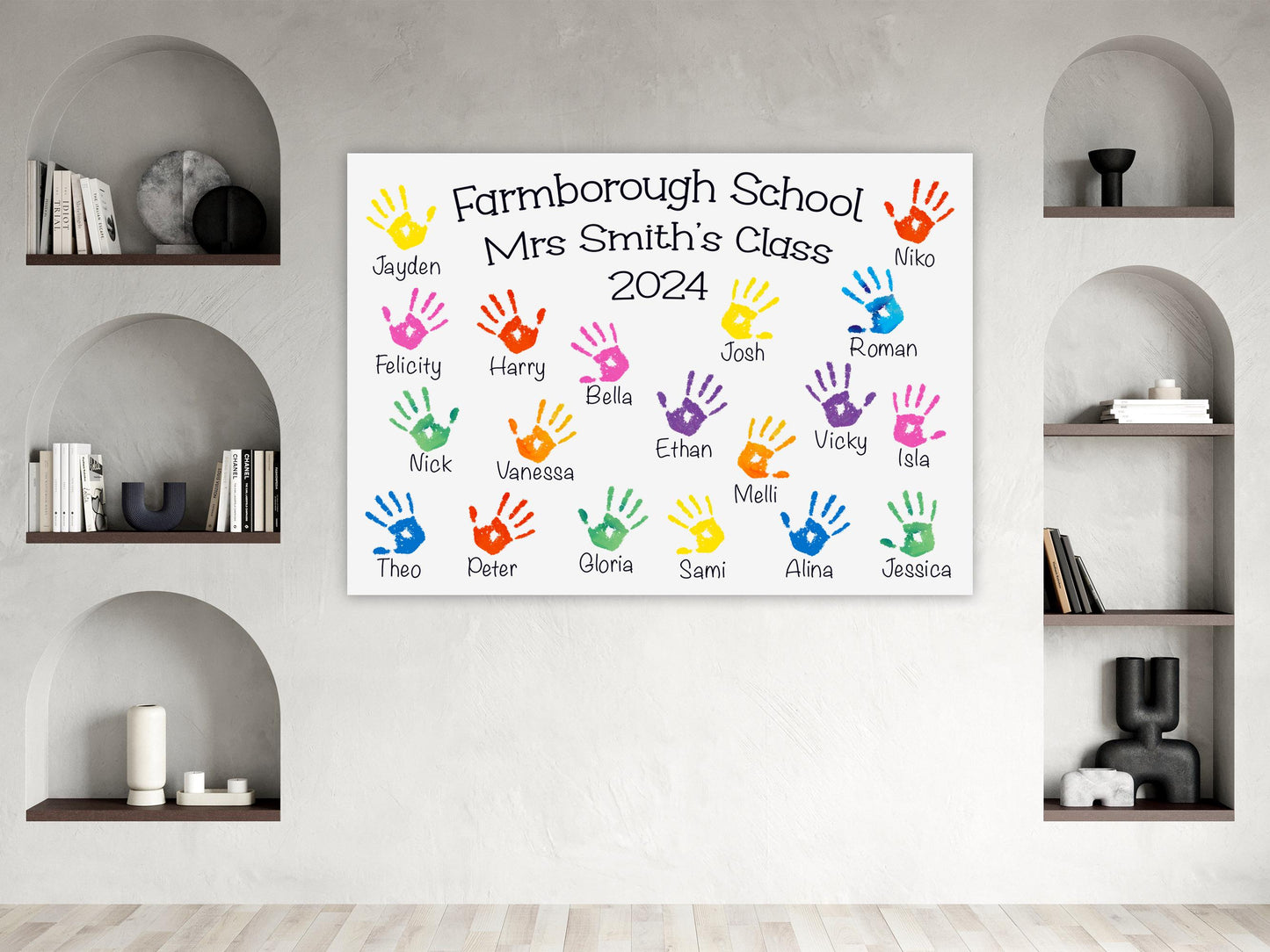 The image is a colorful poster with handprints of students' names and handprints of their names, displayed on a wall with bookshelves and decorative items.