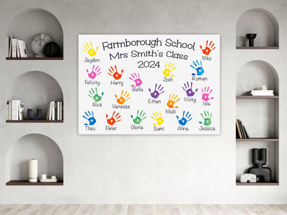 The image is a colorful poster with handprints of students' names and handprints of their names, displayed on a wall with bookshelves and decorative items.