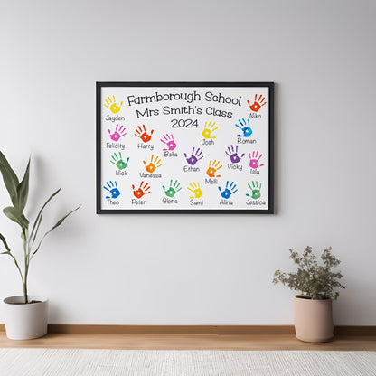 The image is a framed wall hanging with a list of names and handprints, likely representing the students in a class at Farmborough School.