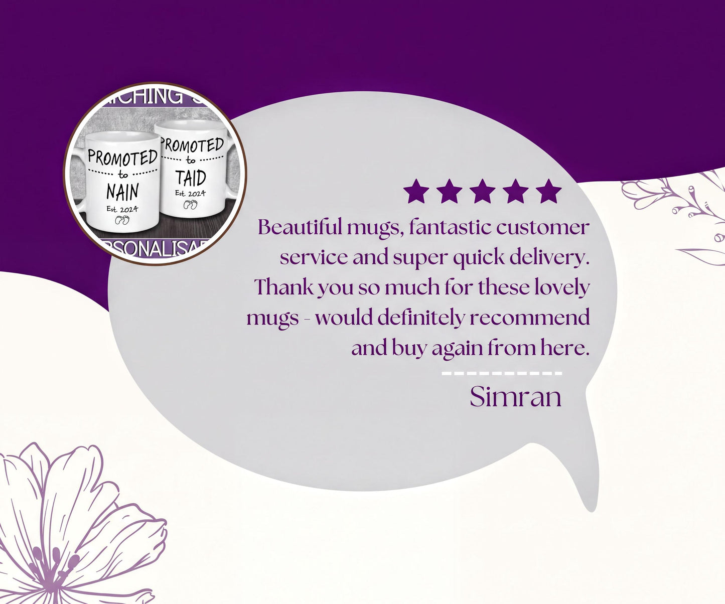 a purple background with a white flower and a speech bubble