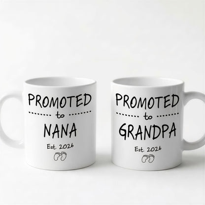 Two white ceramic mugs with black text and graphics printed on them.