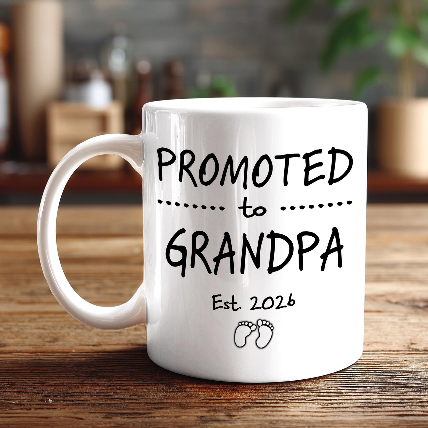A white ceramic mug with black text and graphics on it, placed on a wooden surface.
