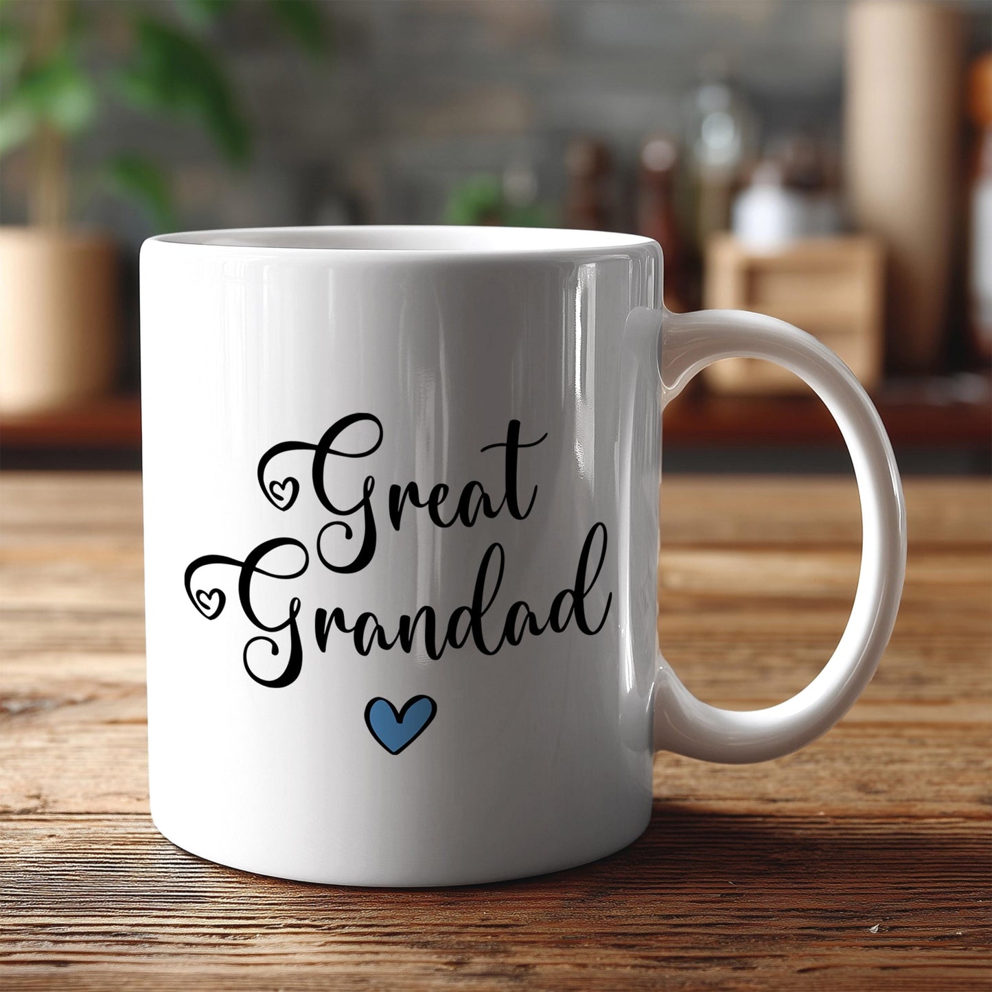 A white ceramic mug with the text "Great Grandad" printed on it, along with a blue heart symbol.