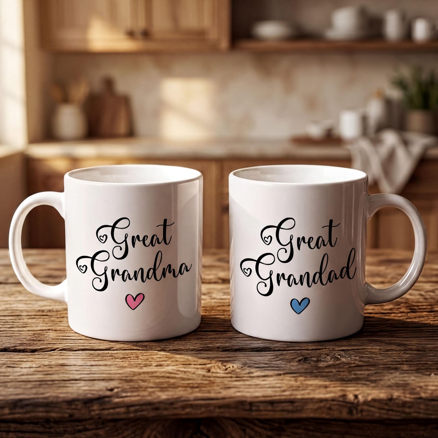 Two white mugs with black text and heart symbols, placed on a wooden surface.
