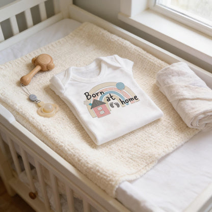 A white baby onesie with a rainbow graphic and the text "Born at home" is placed on a white blanket on a white crib.