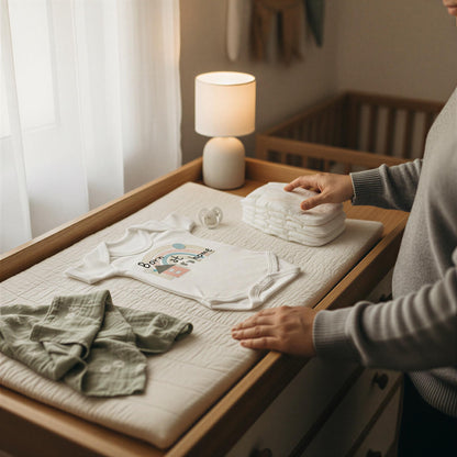 A person is arranging a baby's changing station with a white changing pad, a white onesie, and a stack of white diapers.