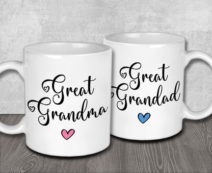two white coffee mugs with the words great grandma and great grandpa