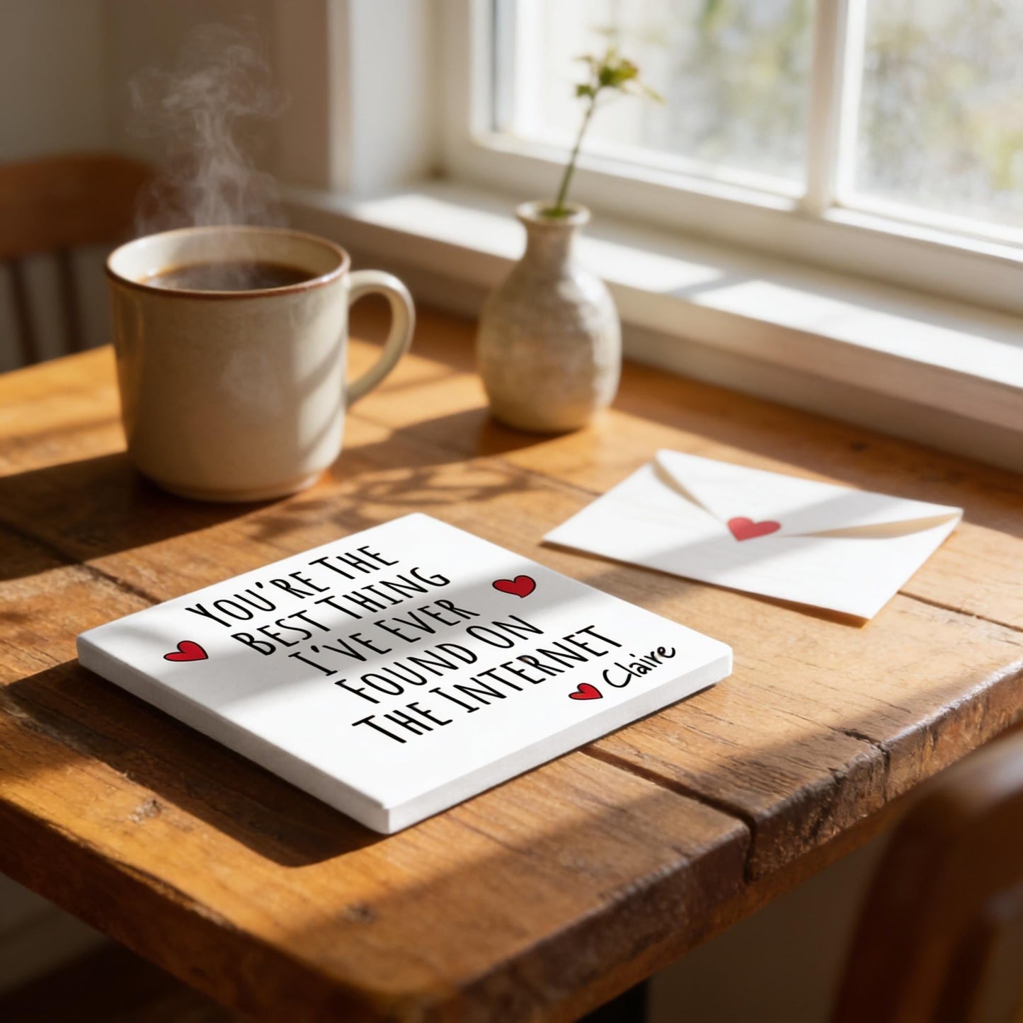 A cozy scene with a wooden table, a mug of coffee, a vase with a plant, and an envelope with a heart on it.