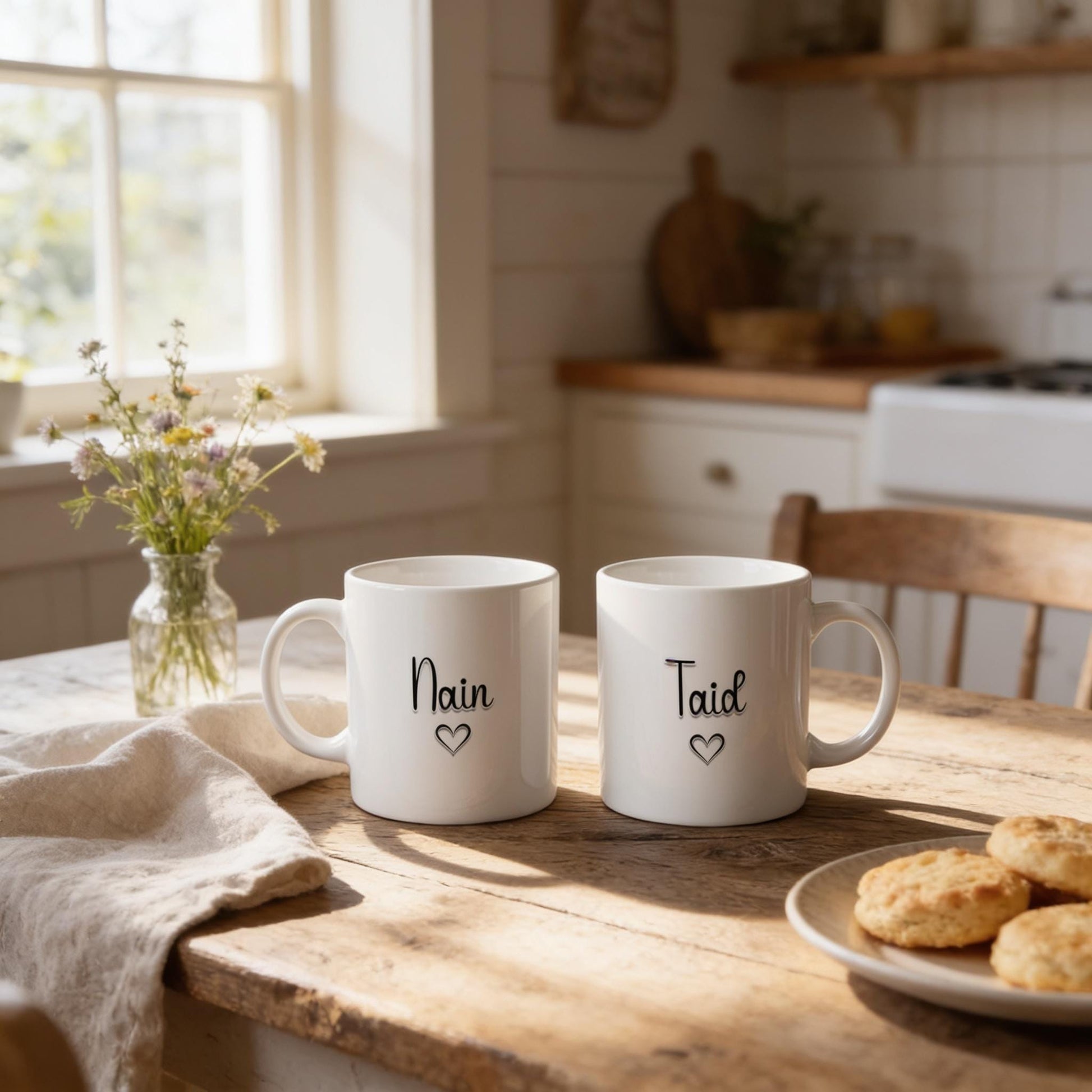 Two white mugs with the names "Nain" and "Taid" printed on them, placed on a wooden table in a cozy kitchen setting with a vase of flowers and a plate of cookies.