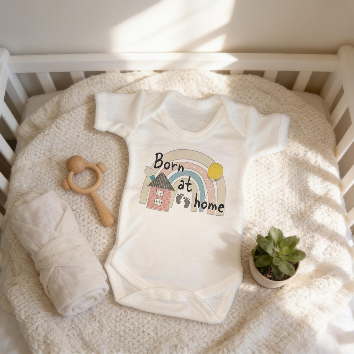 A white onesie with a rainbow graphic and the text "Born at home" is displayed on a white blanket in a crib.