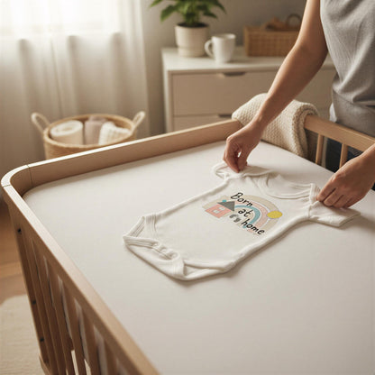 A person is placing a baby onesie on a white crib, with a potted plant and a dresser visible in the background.