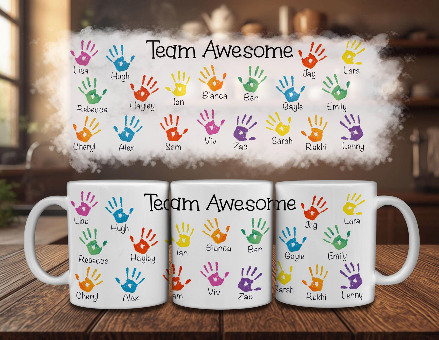 three white mugs with colorful handprint designs and text on them.