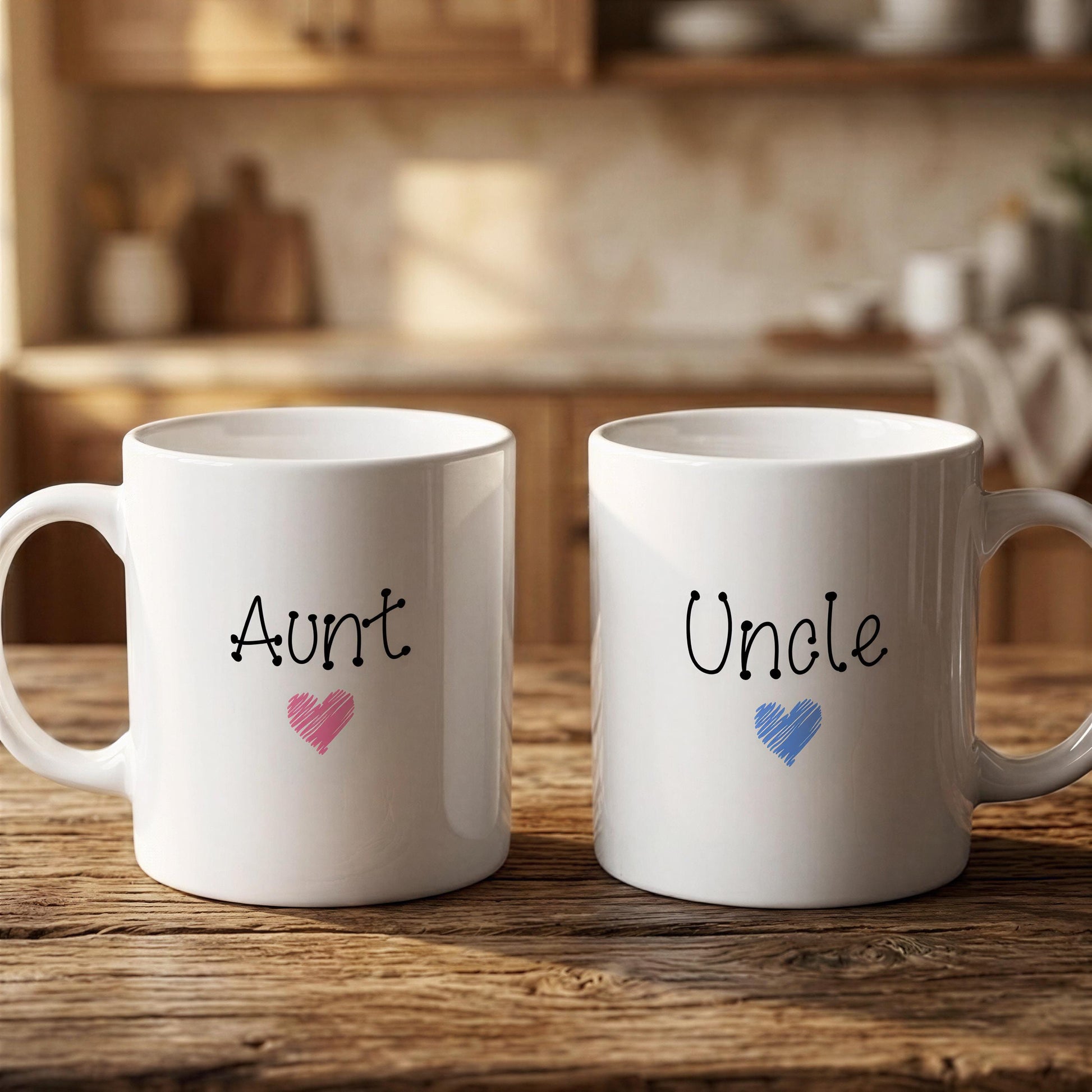 Two white mugs with the words "Aunt" and "Uncle" printed on them, along with heart symbols, are placed on a wooden surface.
