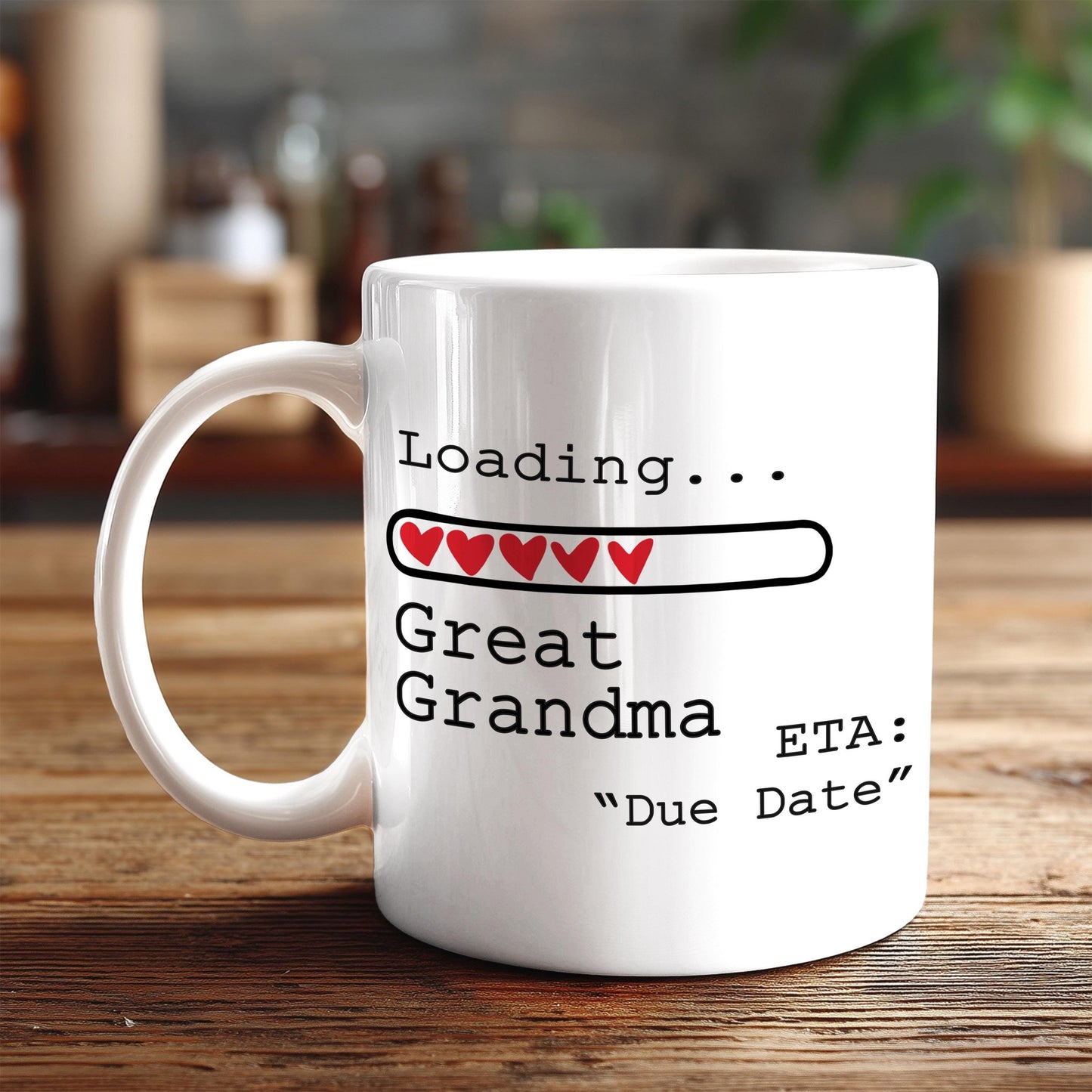 A white coffee mug with text and graphics on it, placed on a wooden surface.