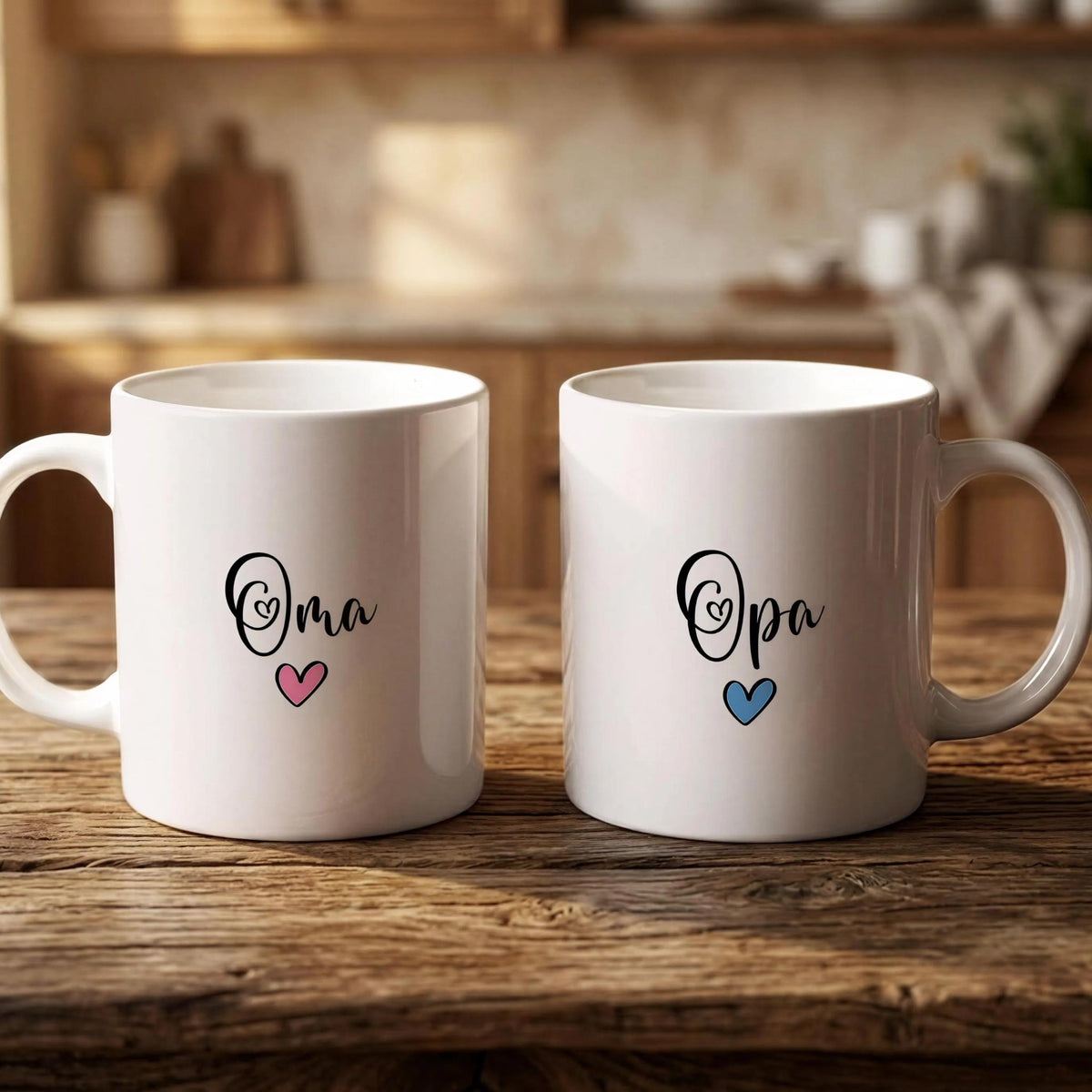 Two white mugs with the text "Oma" and "Opa" printed on them, along with heart symbols, are placed on a wooden surface.