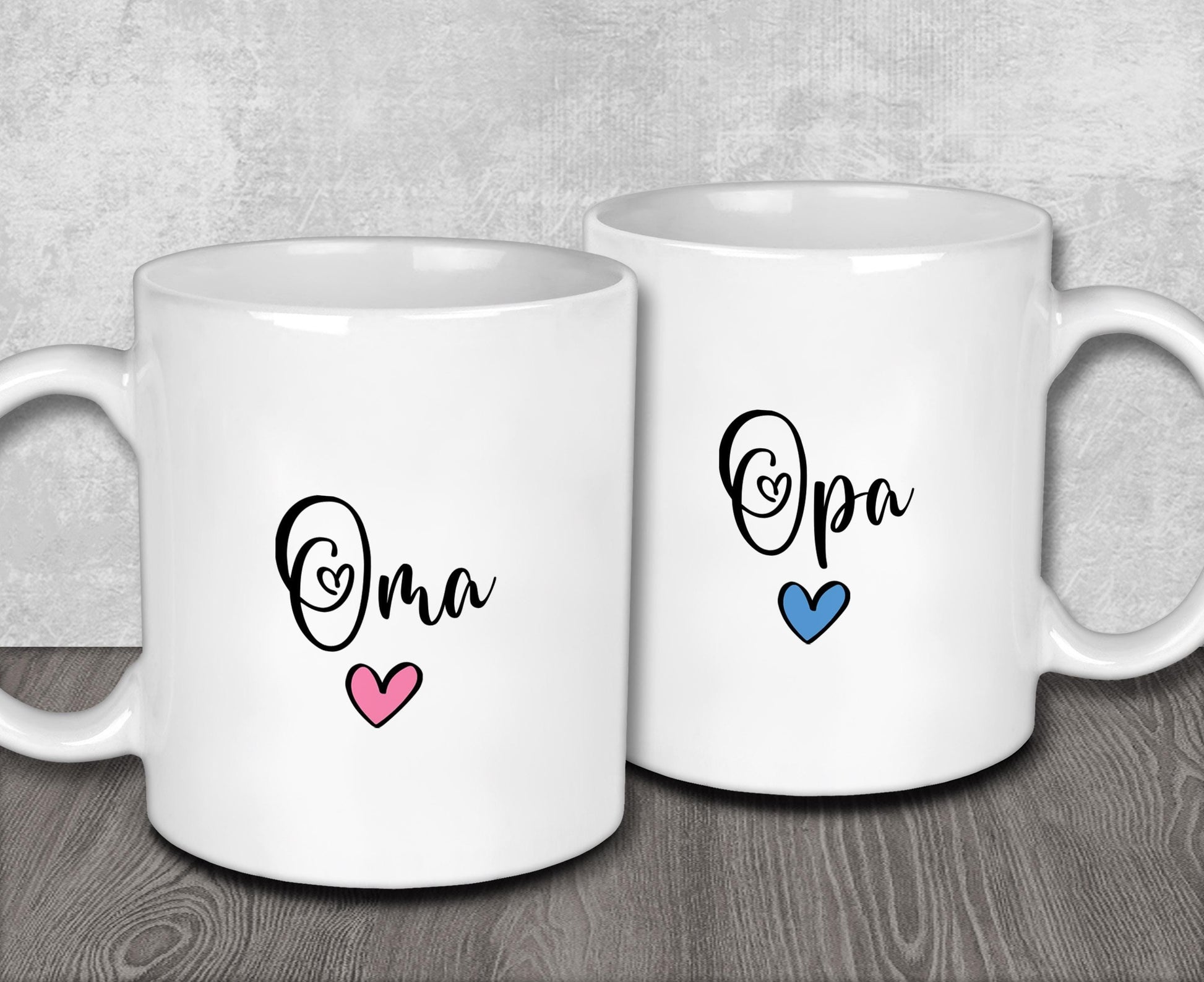 two coffee mugs with the words opa and hearts