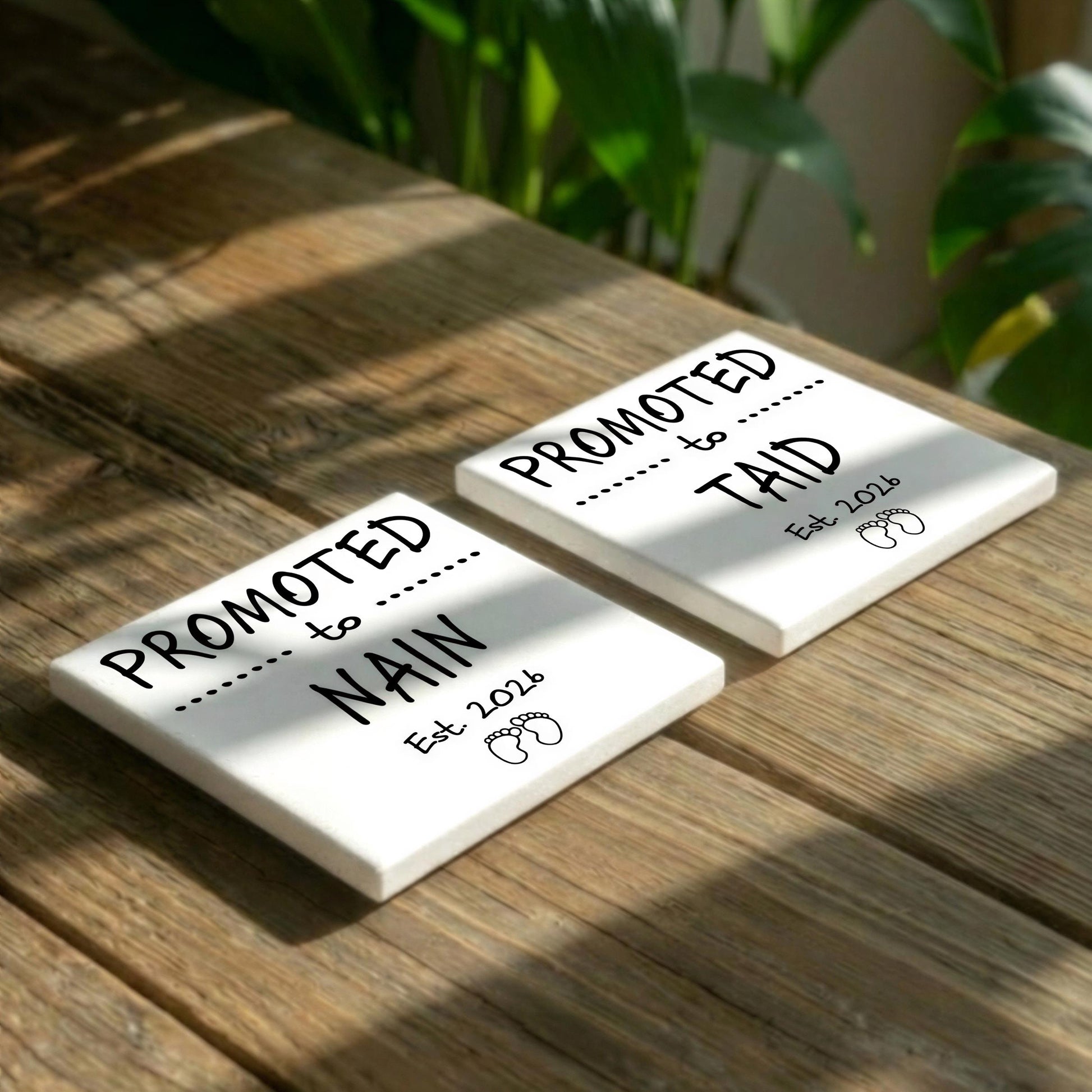 Two white square tiles with black text and graphics placed on a wooden surface, with a plant in the background.