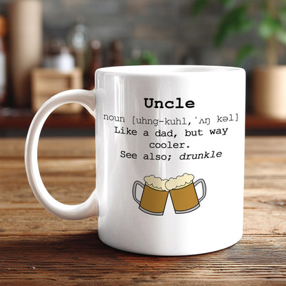 A white mug with text and an illustration of two beer mugs on a wooden surface.