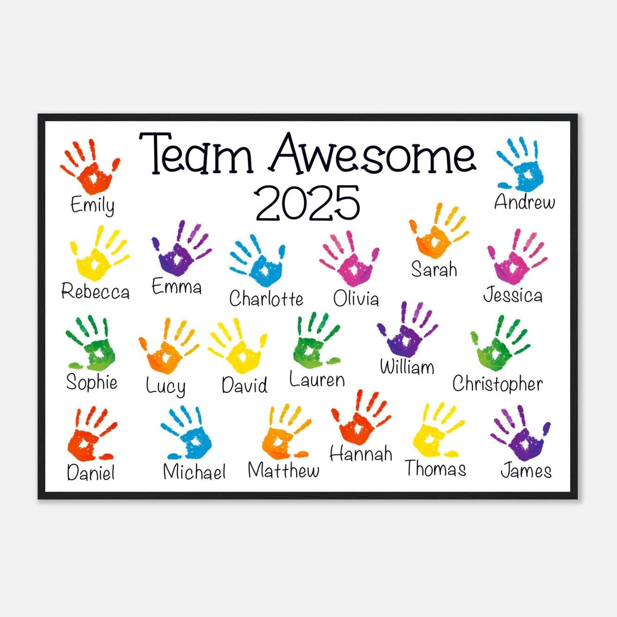 The image is a poster with a grid of colorful handprints, each containing a name. The text "Team Awesome" is written above the handprints.