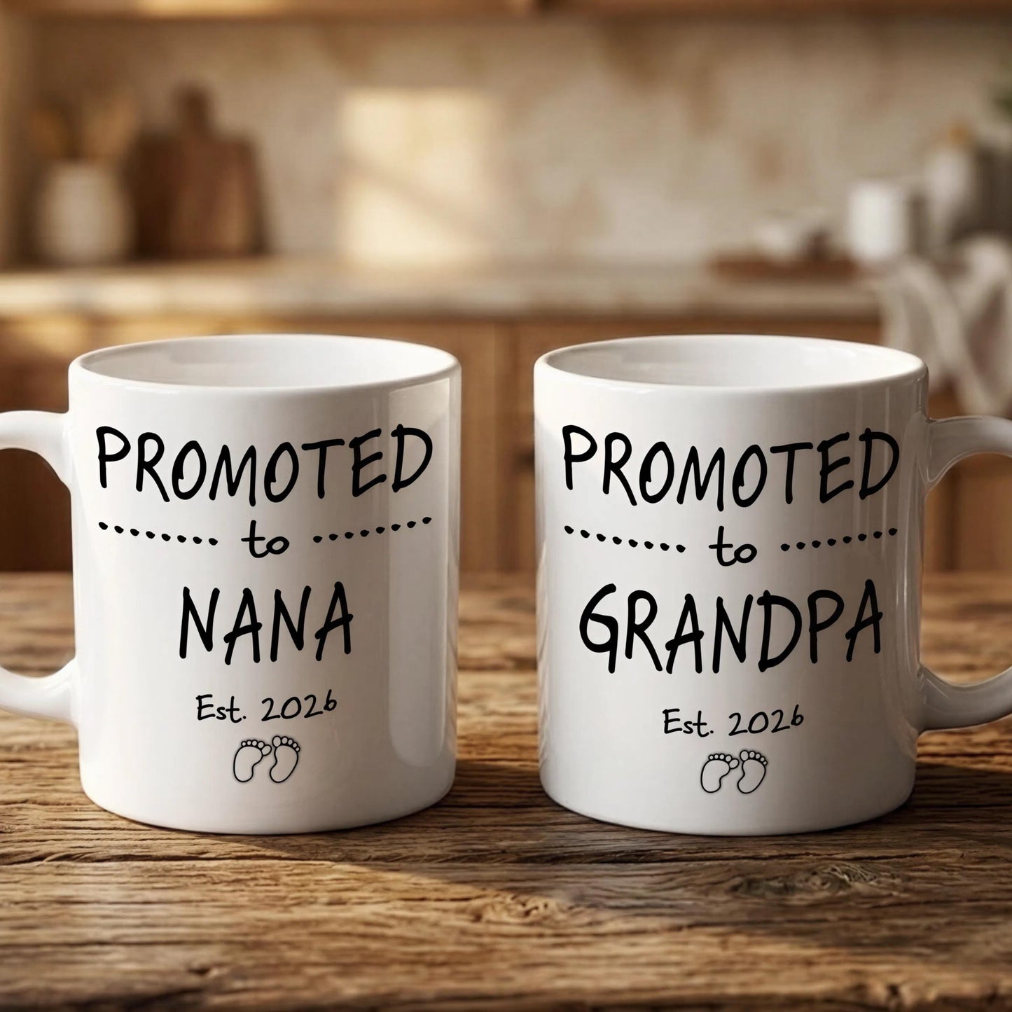 Two white ceramic mugs with black text that reads "PROMOTED TO NANA Est. 2026" and "PROMOTED TO GRANDPA Est. 2026" printed on them.