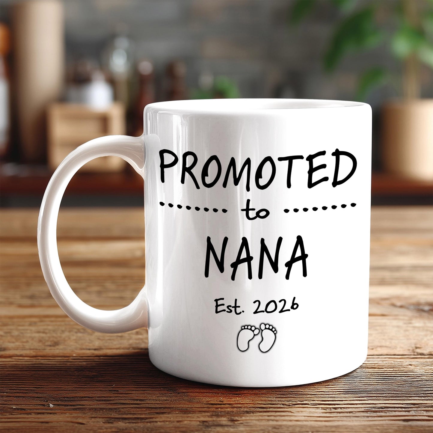A white ceramic mug with black text and graphics on it, placed on a wooden surface.