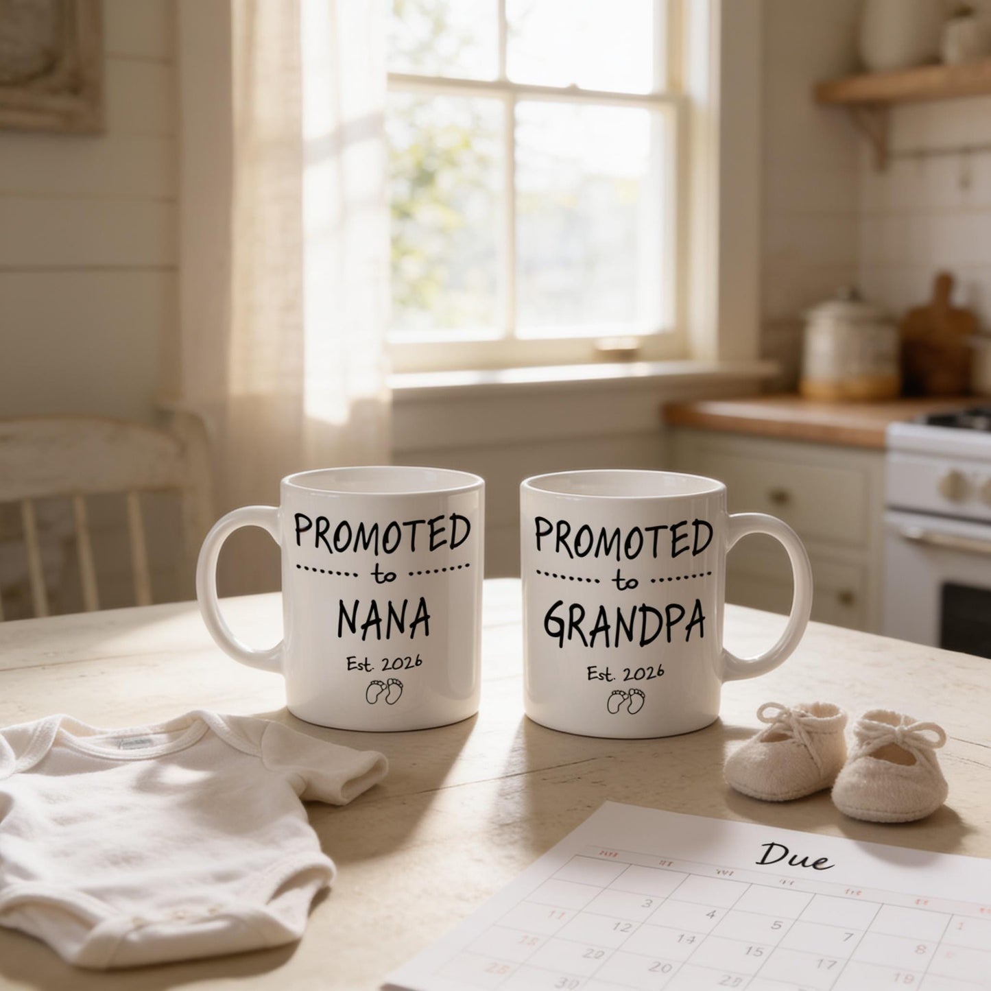 Two white mugs with black text that reads "PROMOTED TO NANA Est. 2026" and "PROMOTED TO GRANDPA Est. 2026" are placed on a kitchen counter, with baby clothes and a calendar visible in the background.