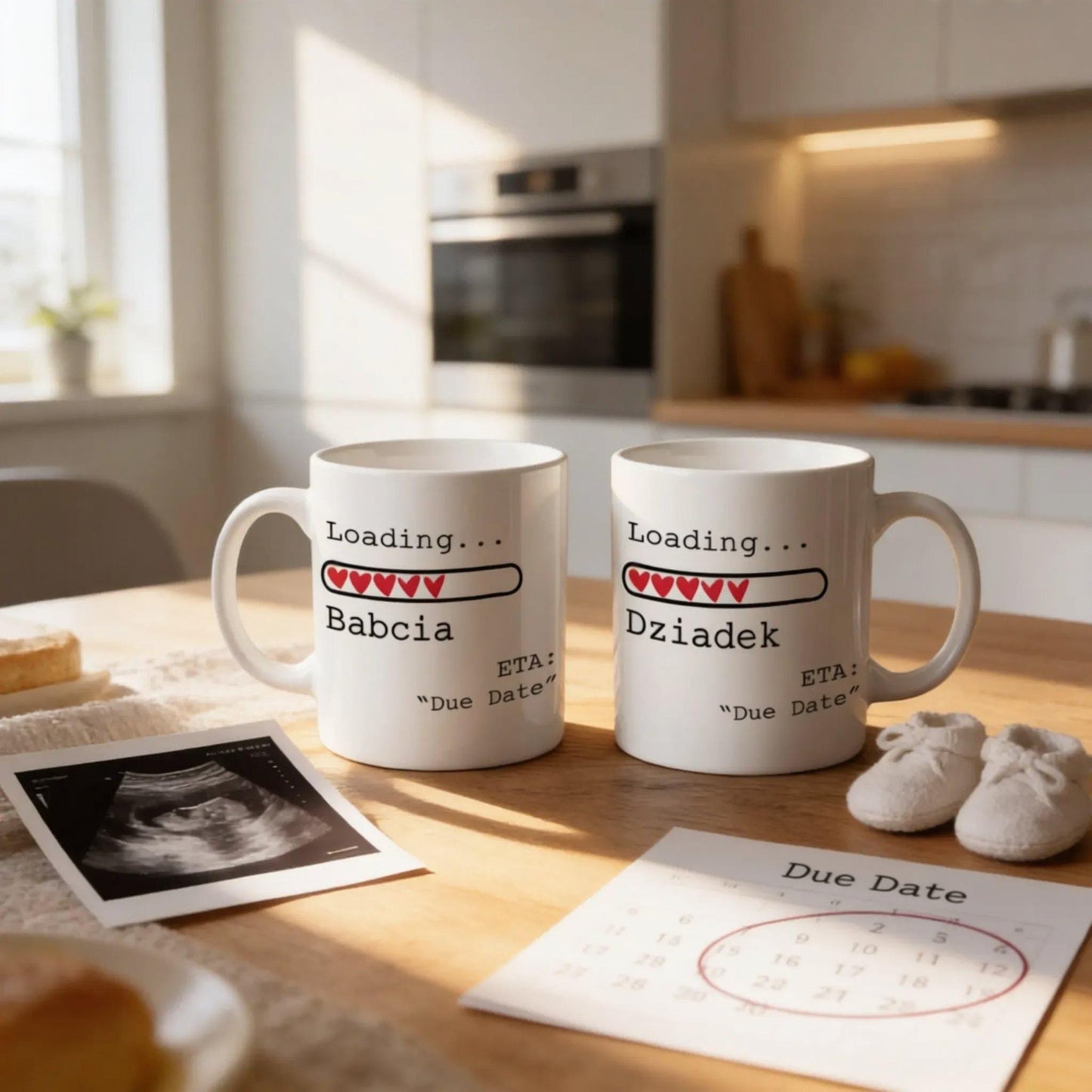 two white mugs with text and graphics related to pregnancy and due dates, placed on a wooden table with a calendar, a photo of a baby's feet, and a mug with a loading bar graphic.