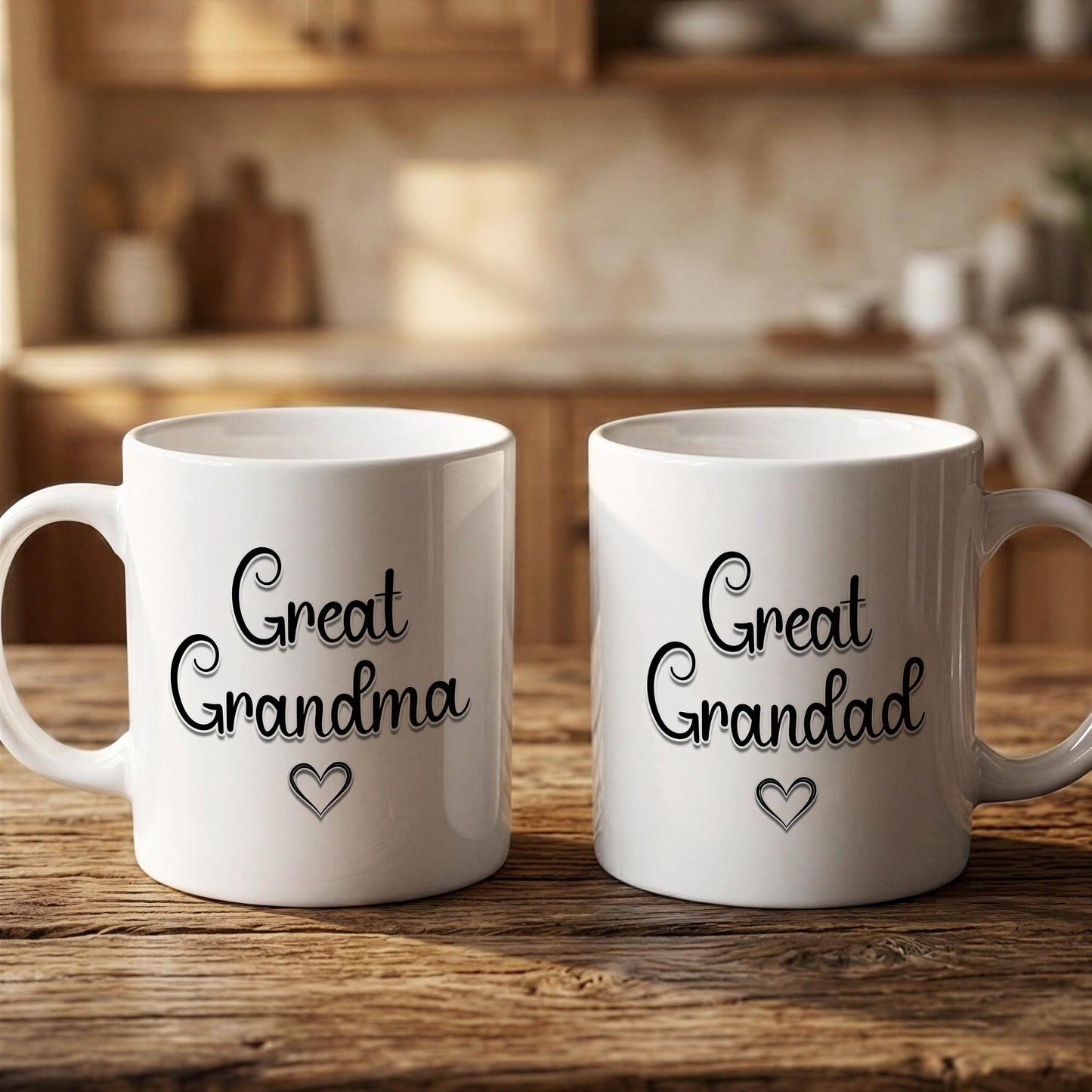 Two white ceramic mugs with black text that says "Great Grandma" and a heart symbol, placed on a wooden surface.
