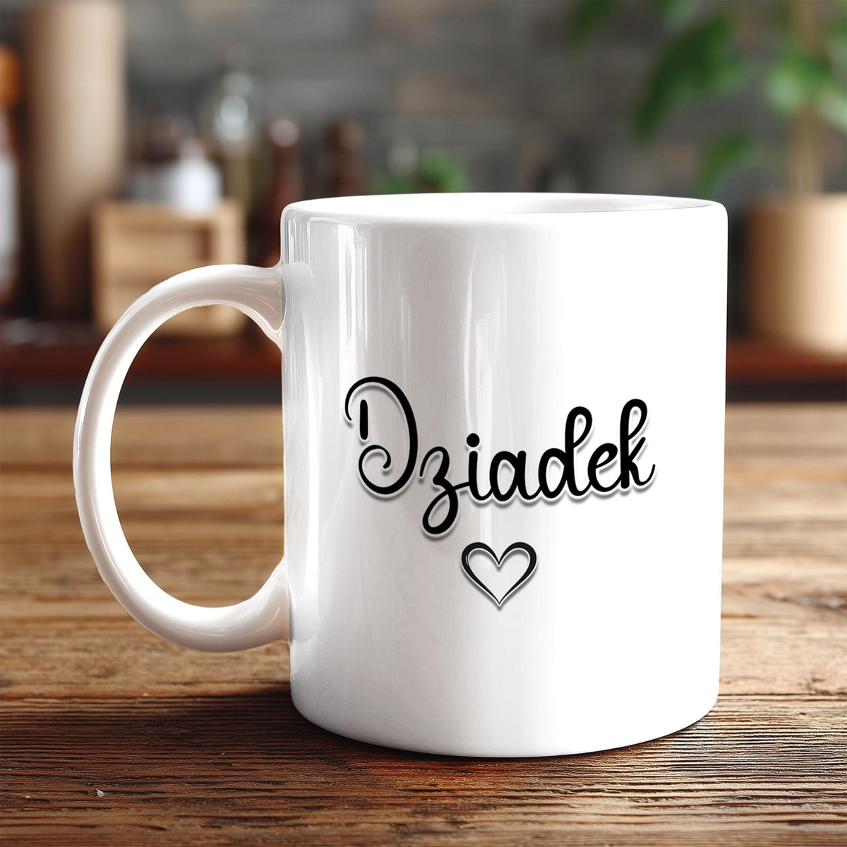 A white ceramic mug with the word "Dzia Dusk" written on it, along with a heart symbol, sits on a wooden surface.
