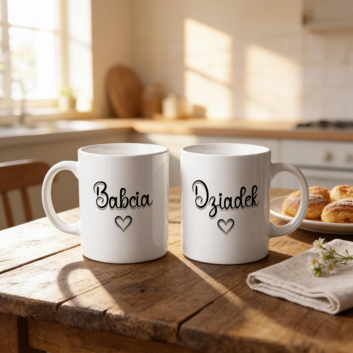 Two white mugs with the names "Babcia" and "Działek" printed on them, placed on a wooden table in a kitchen setting with baked goods and a window in the background.