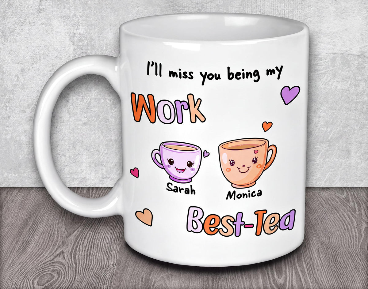 a coffee mug with the words'i'll miss you being my work '