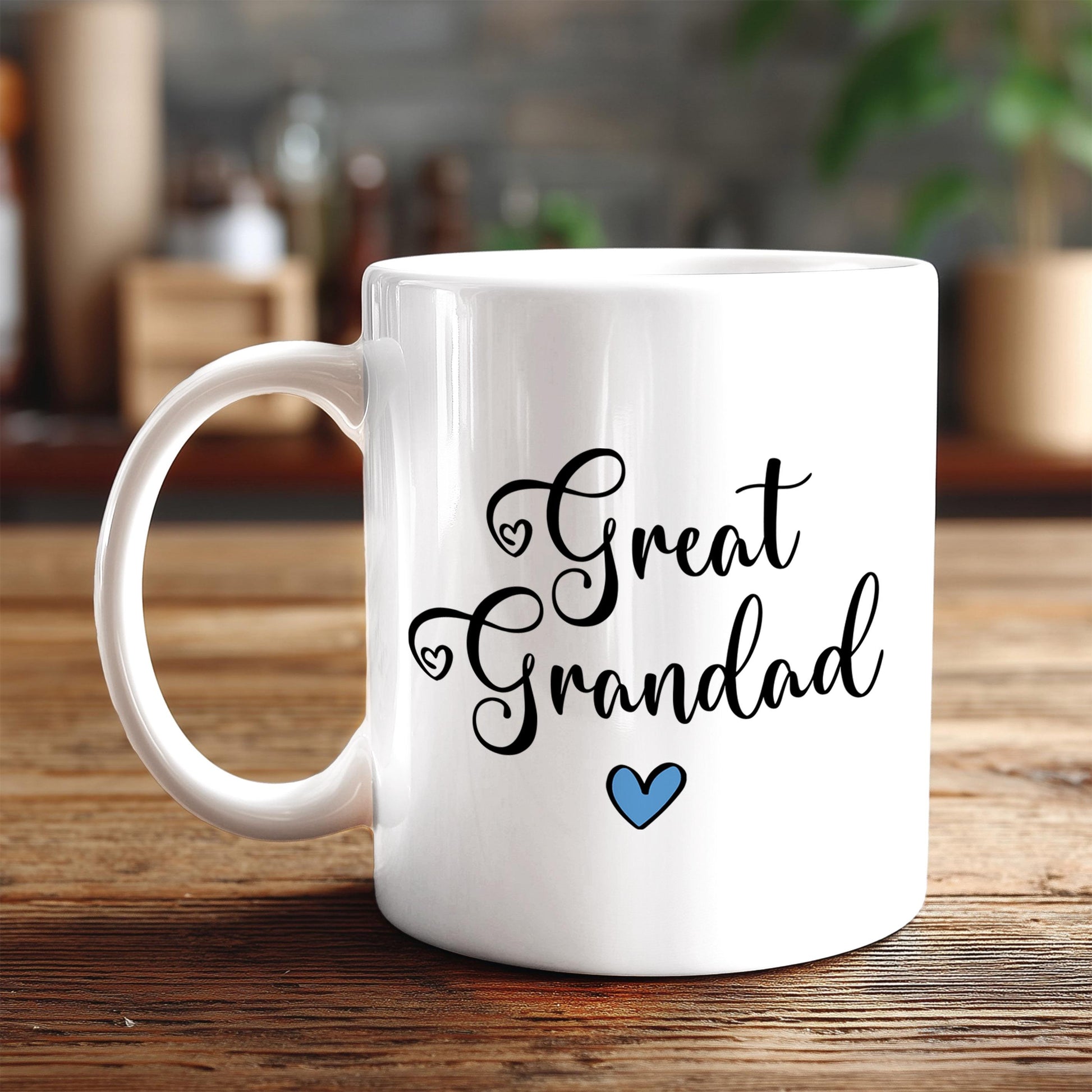 A white ceramic mug with the text "Great Grandad" printed on it, along with a blue heart symbol.