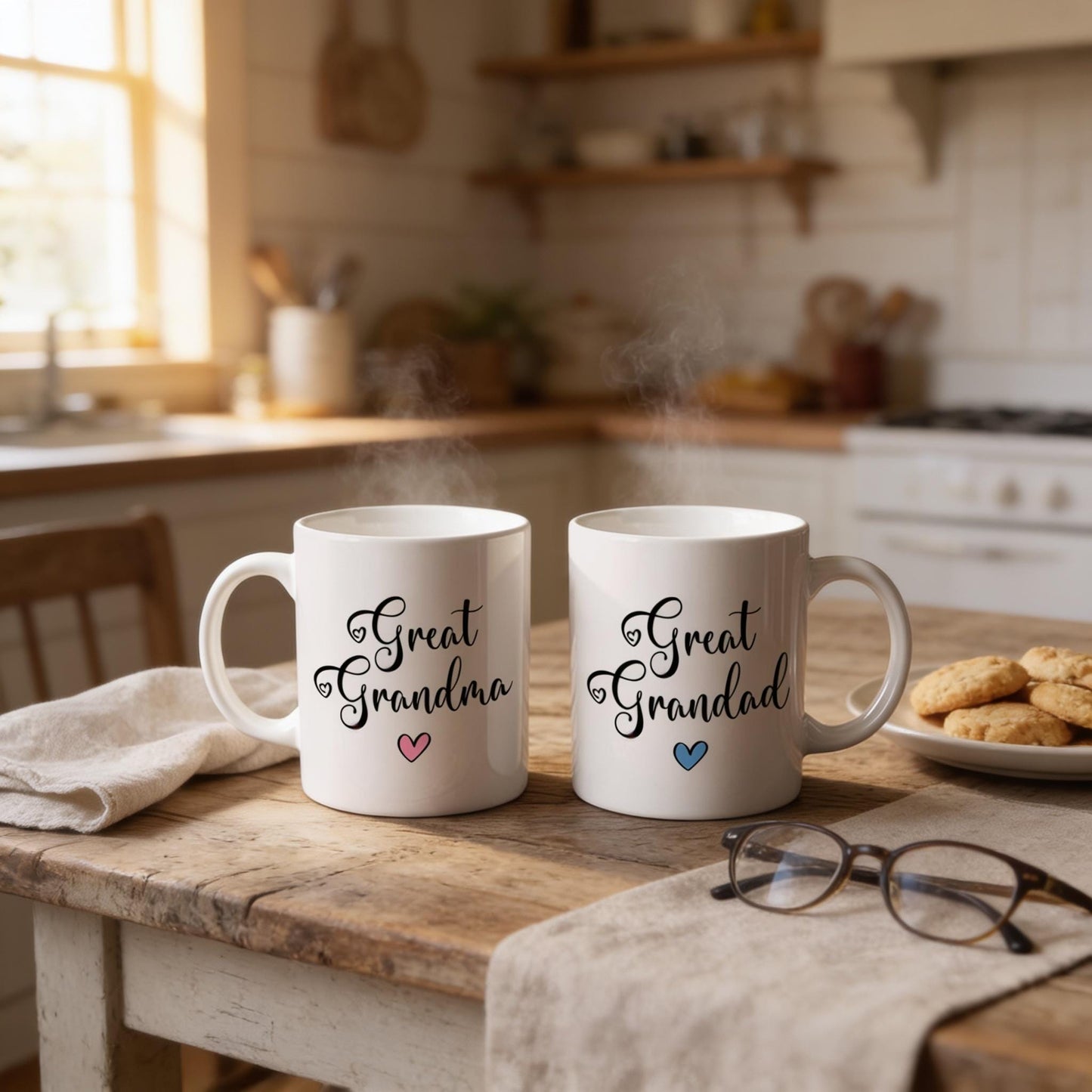 Two white mugs with the text "Great Grandma" and hearts printed on them, placed on a wooden table in a kitchen setting.