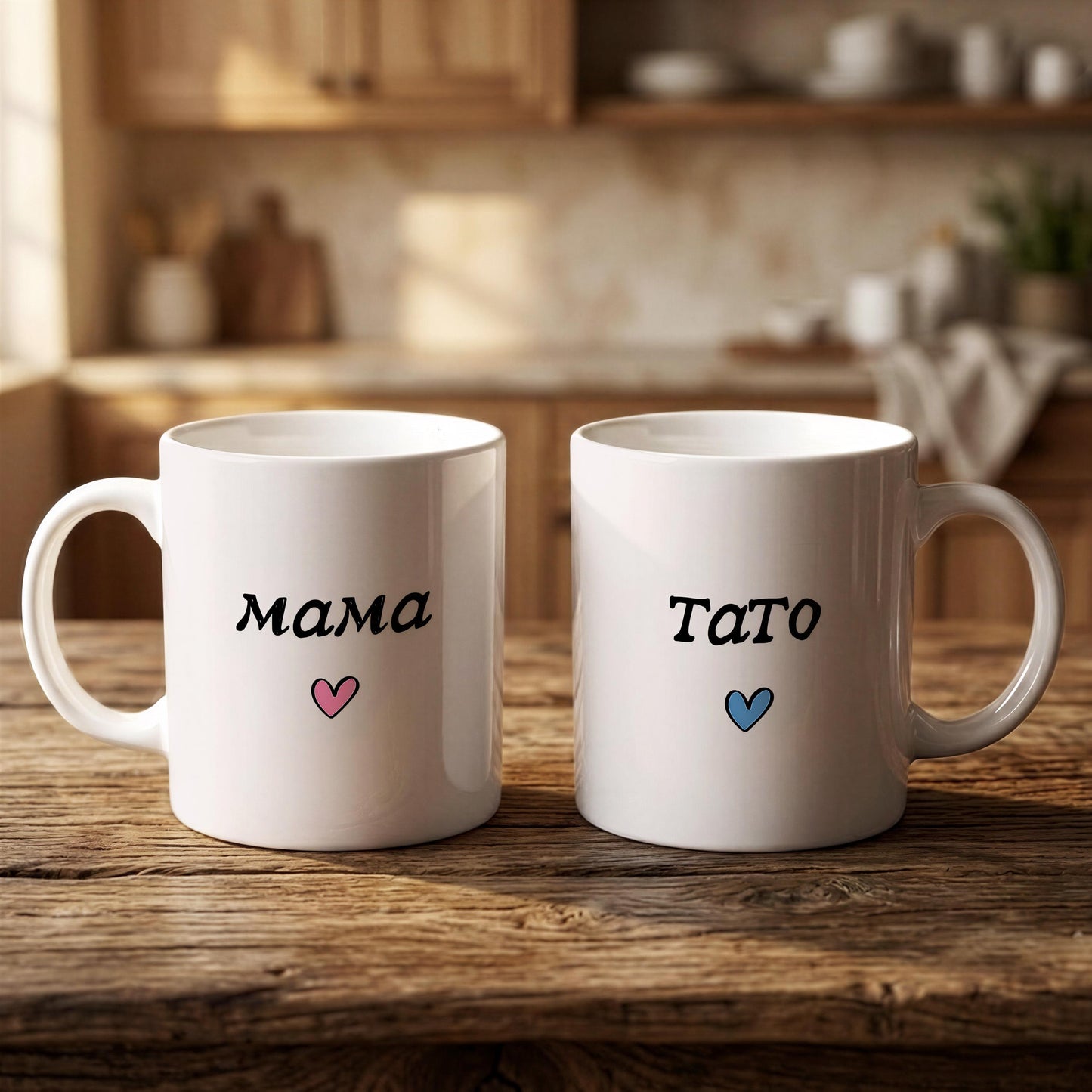 Two white mugs with the names "Mama" and "Tato" printed on them, along with a heart symbol, are placed on a wooden surface.