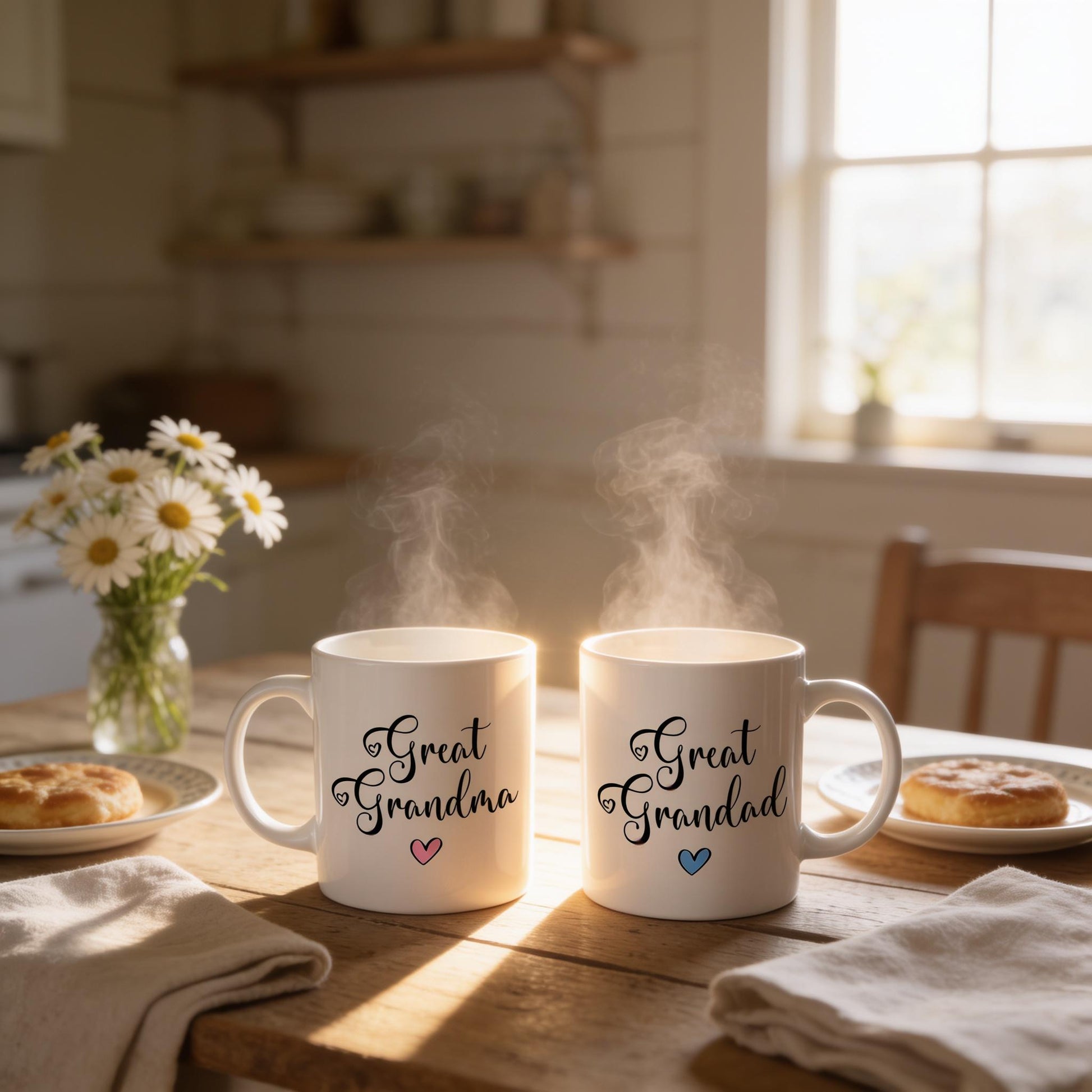 Two white mugs with "Great Grandma" printed on them, placed on a wooden table with a vase of daisies and a plate of pastries.