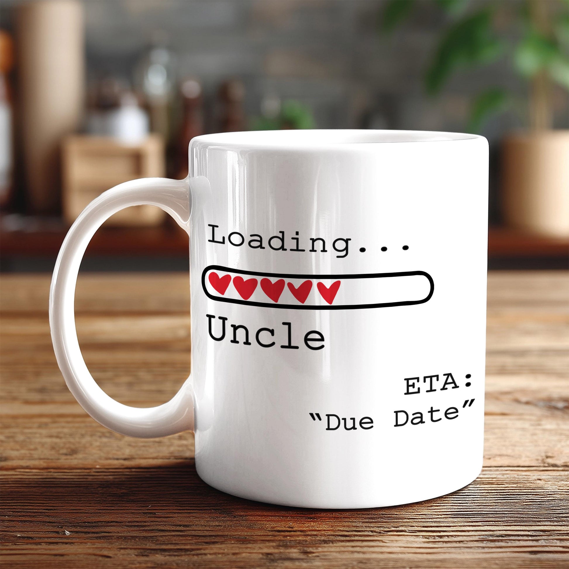 A white coffee mug with text and graphics on it, placed on a wooden surface.