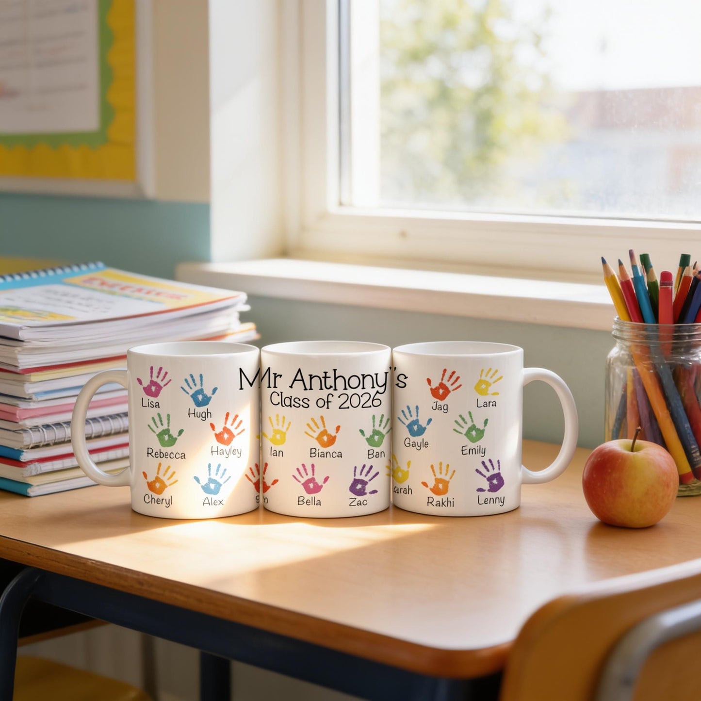 Three white mugs with colorful handprint designs and names printed on them, placed on a wooden desk next to a stack of books and a jar of colored pencils.