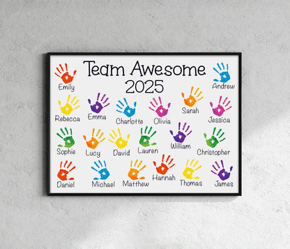 The image is a framed poster with handprints and names, likely representing a team or group of individuals.