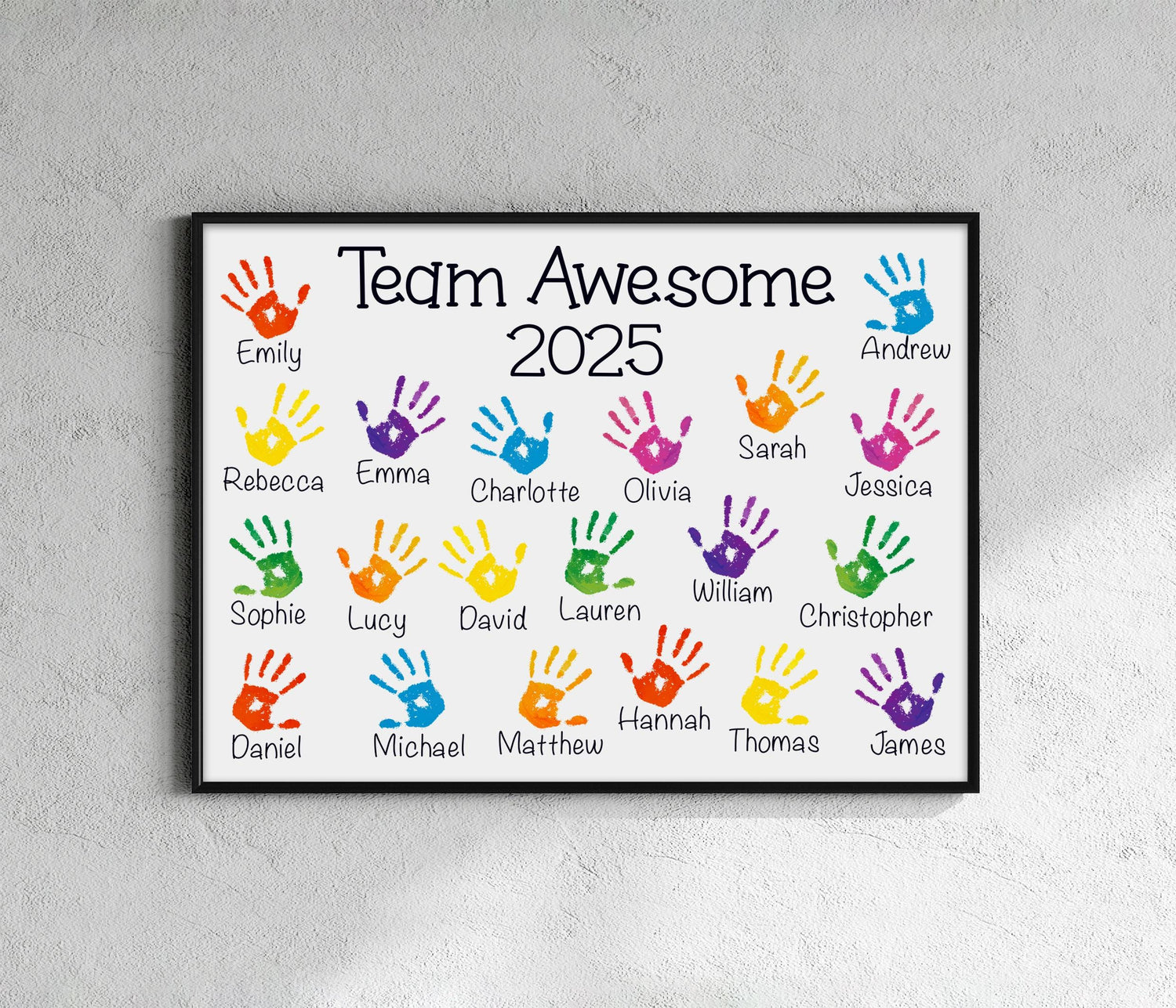 The image is a framed poster with handprints and names, likely representing a team or group of individuals.