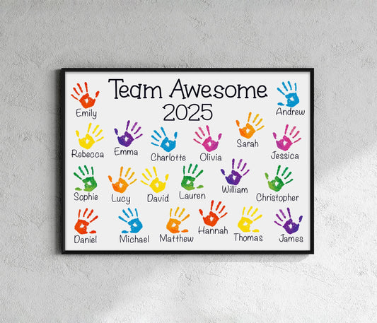 The image is a framed poster with handprints and names, likely representing a team or group of individuals.