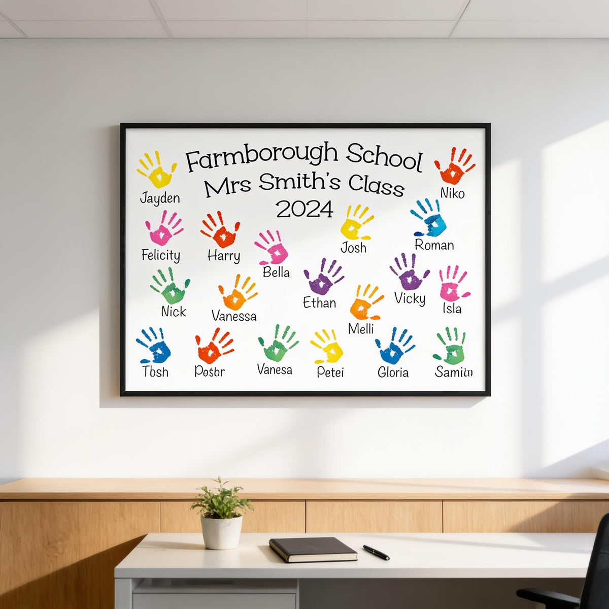 A framed poster with handprints on it, displaying the names of students in a class, and a plant on a desk in the foreground.