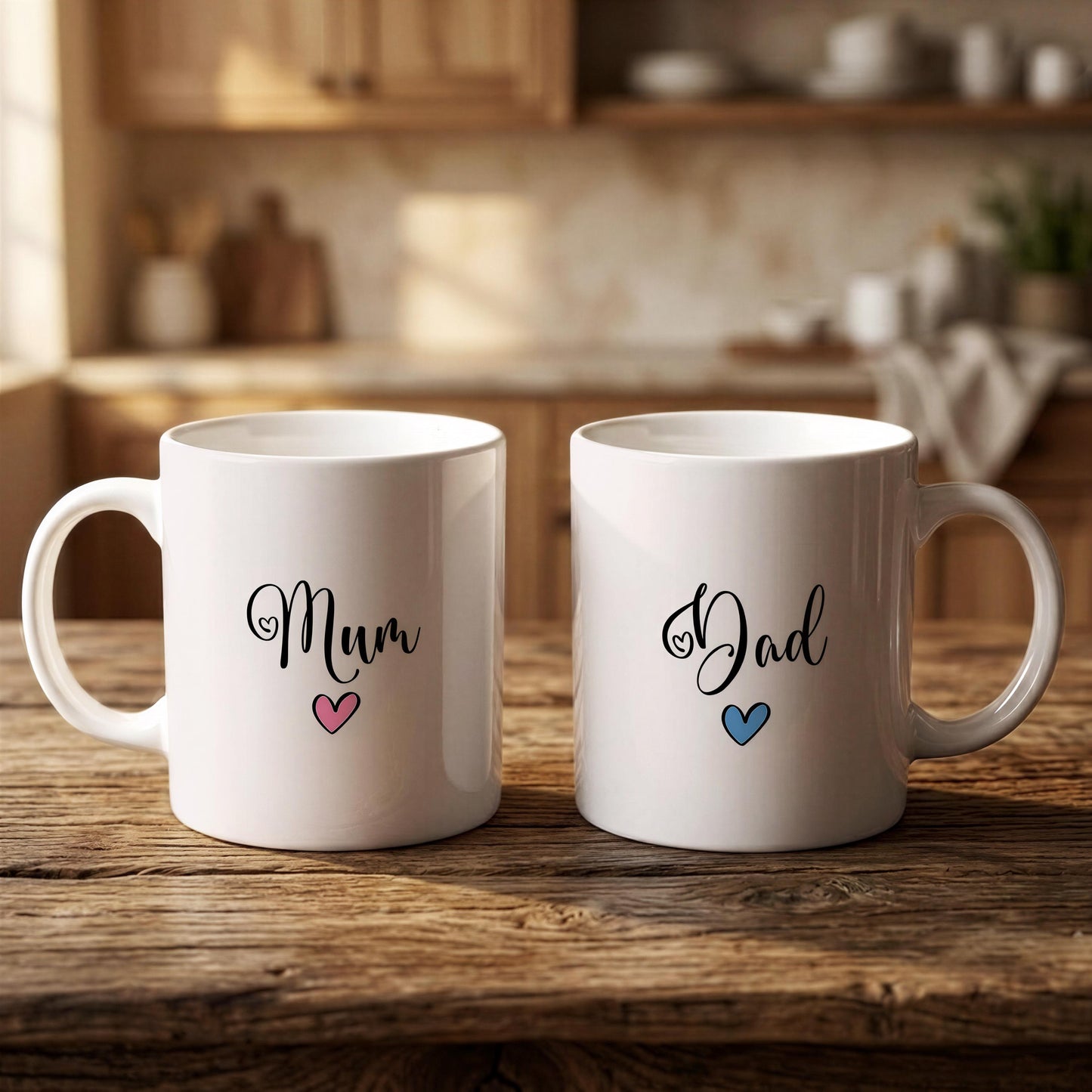 Two white mugs with the names "Mum" and "Dad" printed on them, along with heart symbols, are placed on a wooden surface.