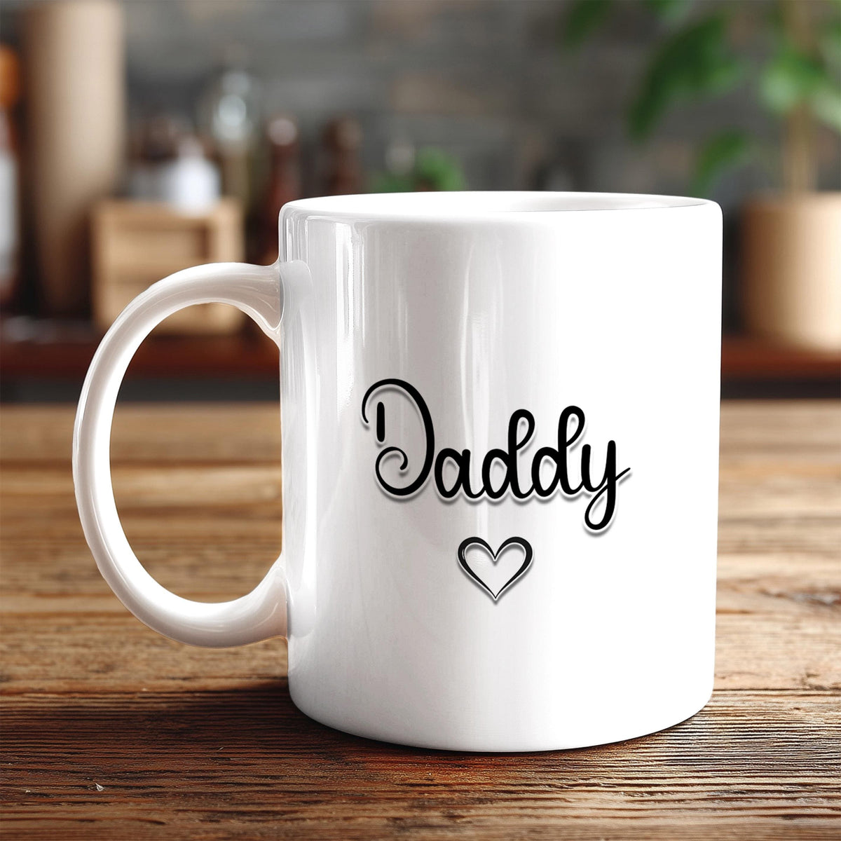 A white ceramic mug with the word "Daddy" and a heart symbol printed on it, placed on a wooden surface.