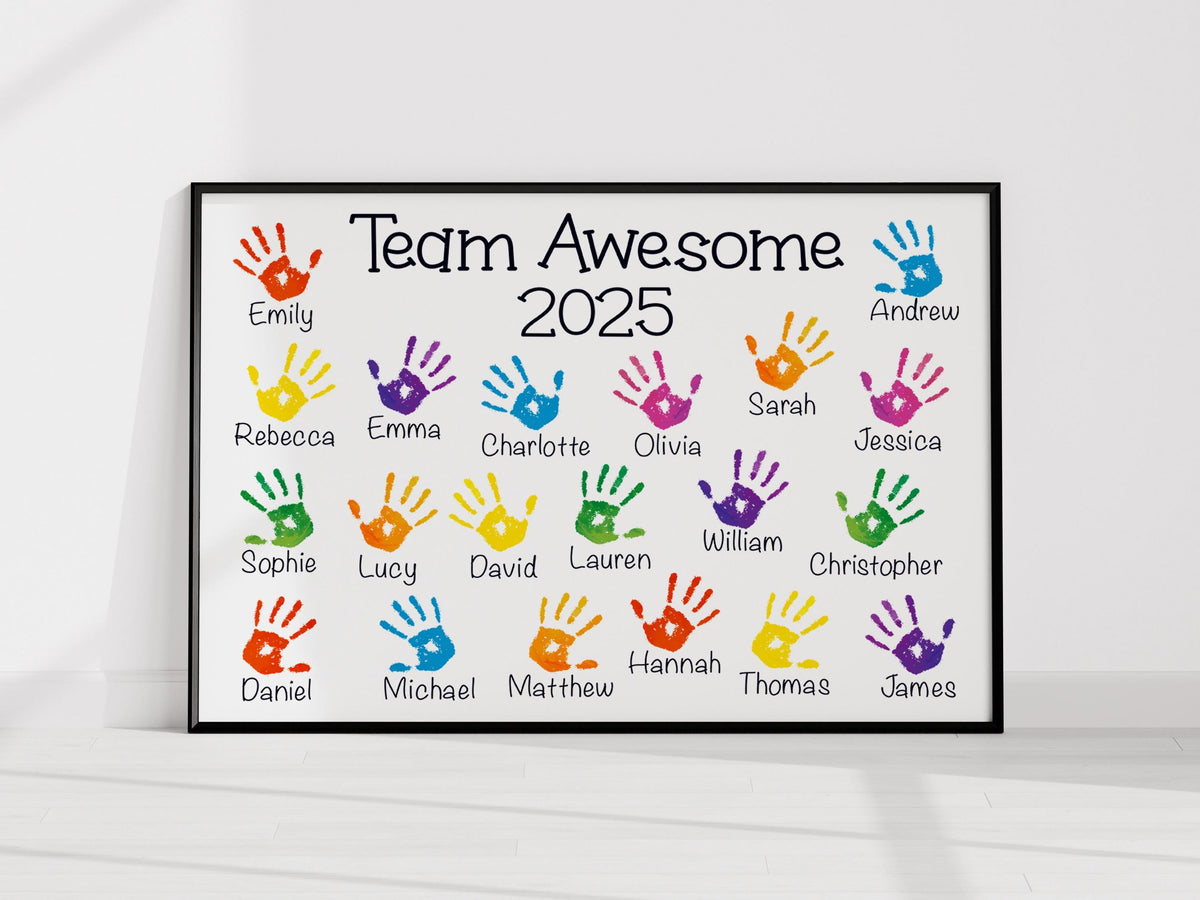 The image is a poster with a collection of colorful handprints arranged in a grid, each handprint representing a person's name. The poster is titled "Teem Awesome" and features a variety of names, including Emily, Andrew, Rebecca, Emma, Charlotte, Sarah, Jessica, Sophie, Lucy, Lauren, William, Christopher, Hannah, Thomas, and James.