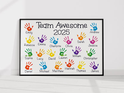 The image is a poster with a collection of colorful handprints arranged in a grid, each handprint representing a person's name. The poster is titled "Teem Awesome" and features a variety of names, including Emily, Andrew, Rebecca, Emma, Charlotte, Sarah, Jessica, Sophie, Lucy, Lauren, William, Christopher, Hannah, Thomas, and James.