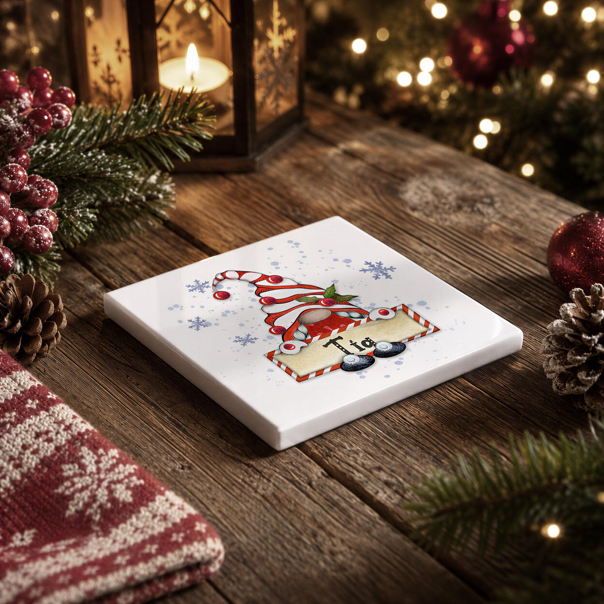 A white square coaster with a Christmas-themed illustration of a gnome wearing a red and white striped hat, surrounded by snowflakes and pine cones, sits on a wooden surface.