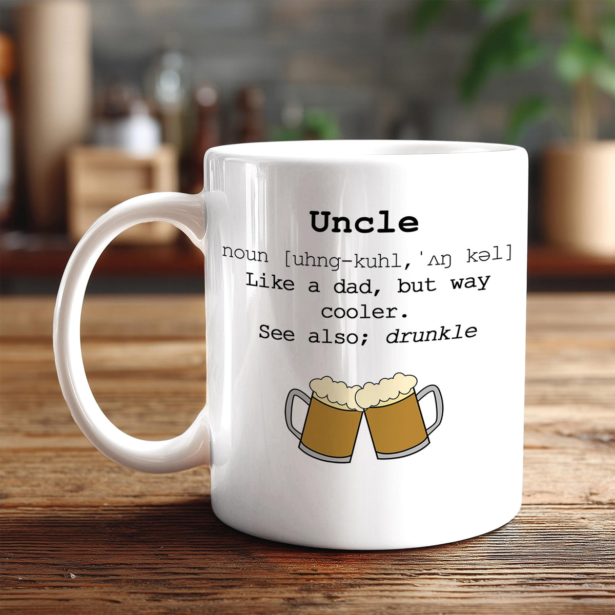 A white mug with text and an illustration of two beer mugs on a wooden surface.
