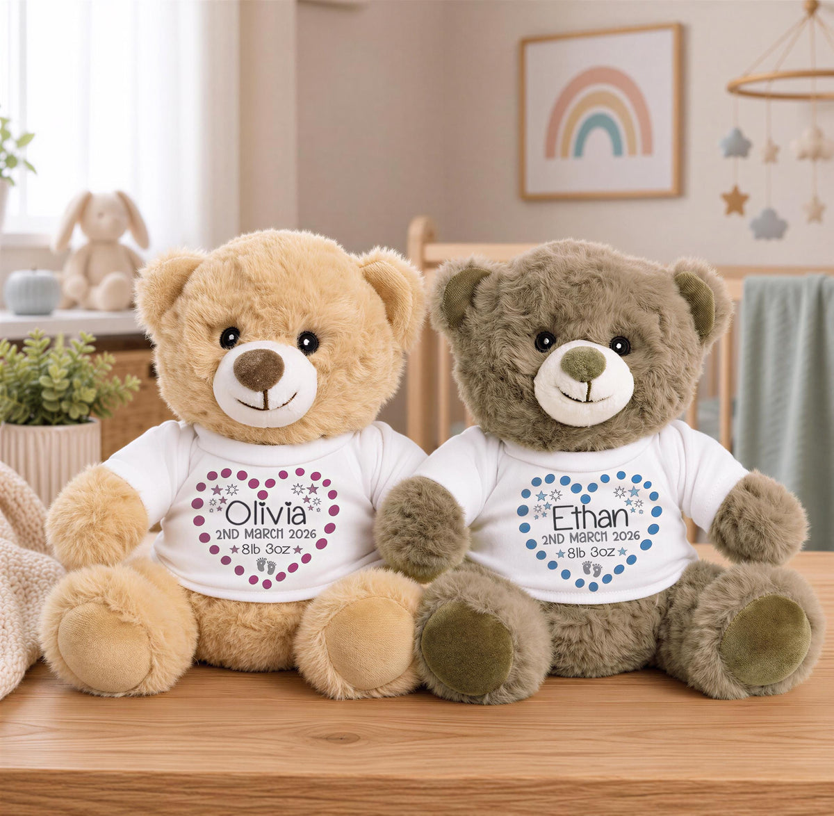 Two teddy bears sitting on a wooden table, each wearing a white t-shirt with a personalized message.