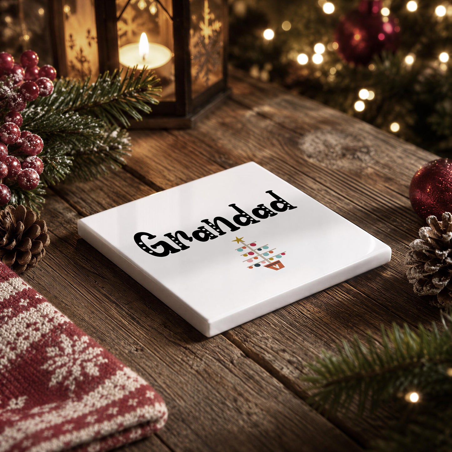 A white square coaster with the word "Gnäd" written on it, surrounded by Christmas decorations such as pine cones, berries, and a lit lantern on a wooden table.